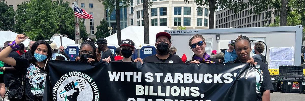 Starbucks workers join a march in Washington, D.C.