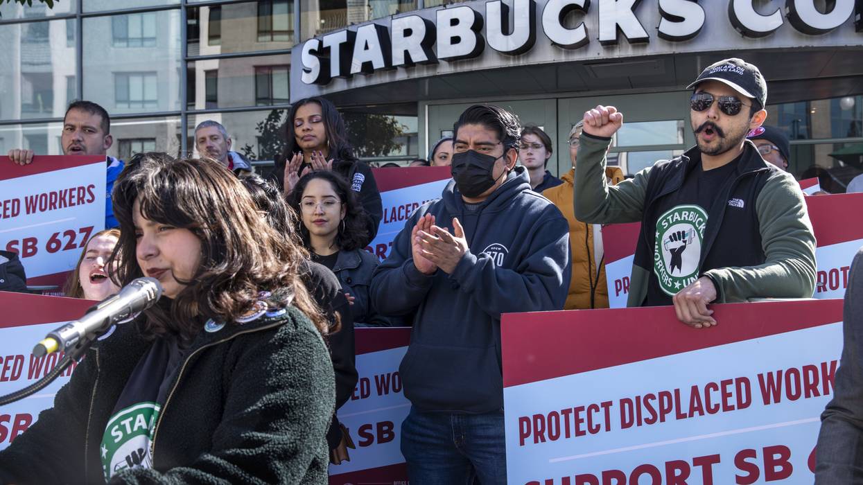 Starbucks workers rally in front of a store in downtown Los Angeles