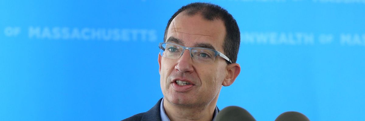 Stéphane Bancel, CEO of Moderna, speaks to the media after Gov. Charlie Baker toured the Moderna facility on May 12, 2021 in Norwood, Massachusetts.