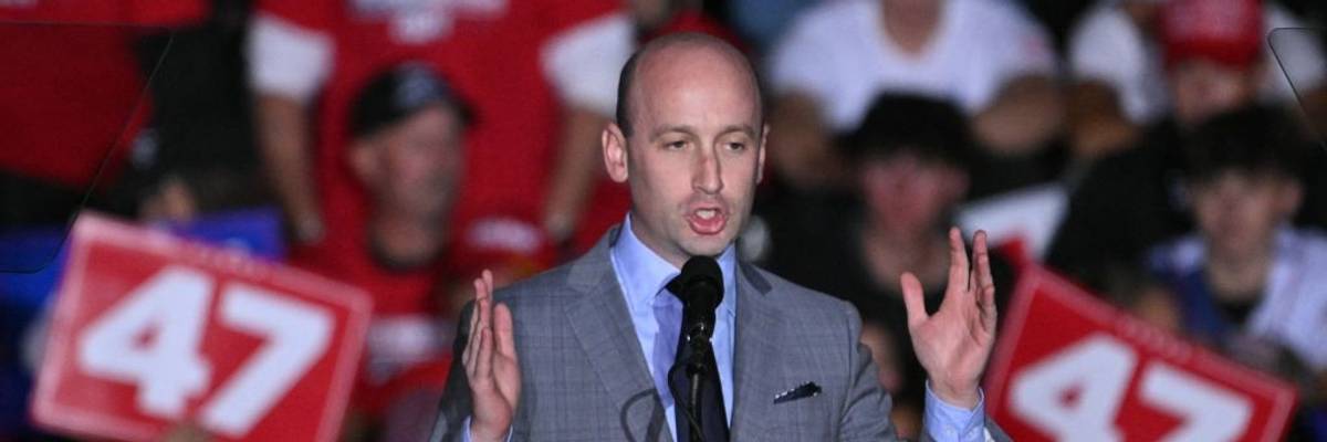 Stephen Miller speaks at a rally for Trump