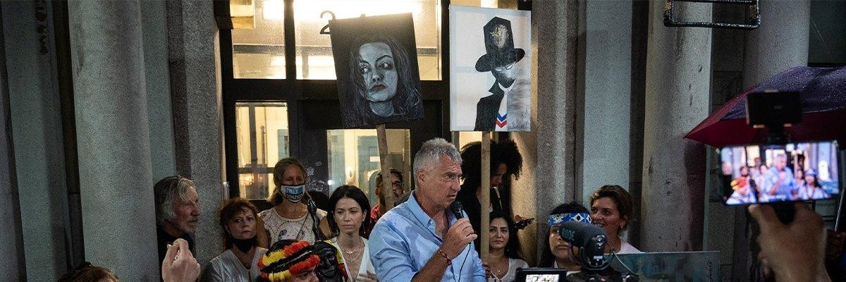 Steven Donziger, who has spent nearly two years on house arrest as a result of Chevron's retaliatory prosecution of him in the wake of his legal team's 2013 courtroom victory over the oil giant, spoke at a rally for his freedom outside his New York City apartment on July 6, 2021. (Photo: Steven Donziger via Twitter)