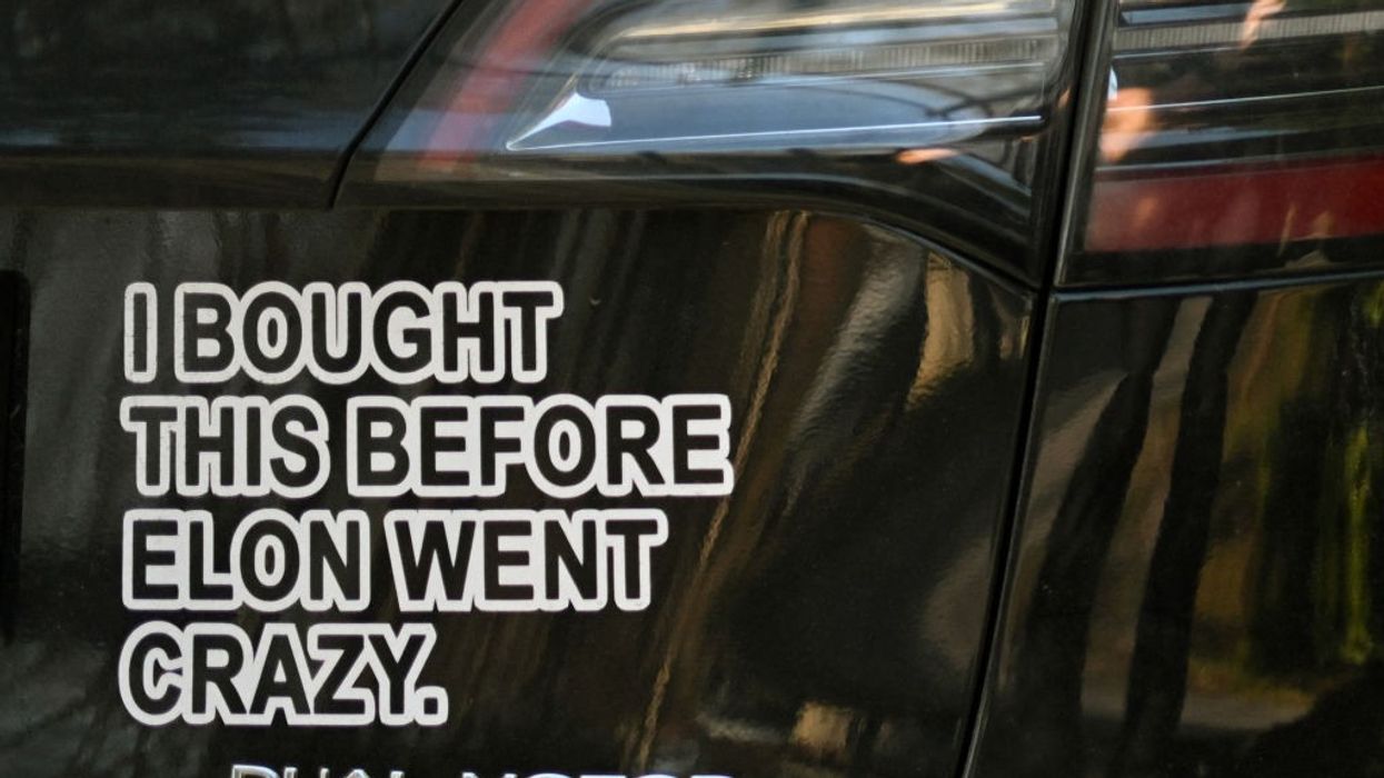 Sticker on Tesla says: "I Bought this Befoer Elon Went Crazy"