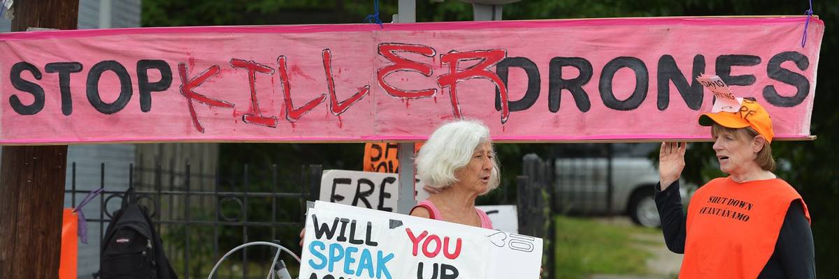 "Stop Killer Drones" sign during Obama years