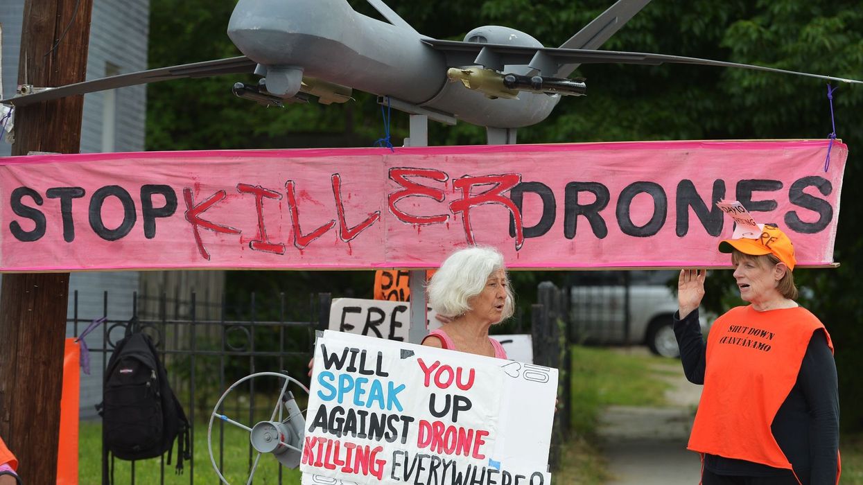 "Stop Killer Drones" sign during Obama years