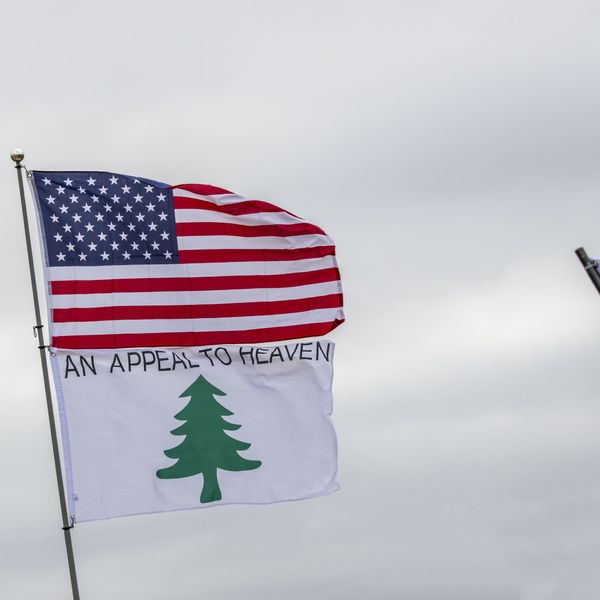 Stop the steal and seek the truth and encourage action rally for president Trump at the State Capitol. An appeal to heaven flag.