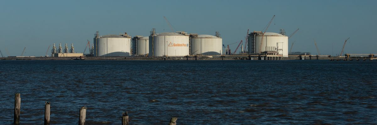 Storage tanks stand in the evening sun at the Golden Pass LNG terminal in Sabine Pass, Texas on April 14, 2022.​