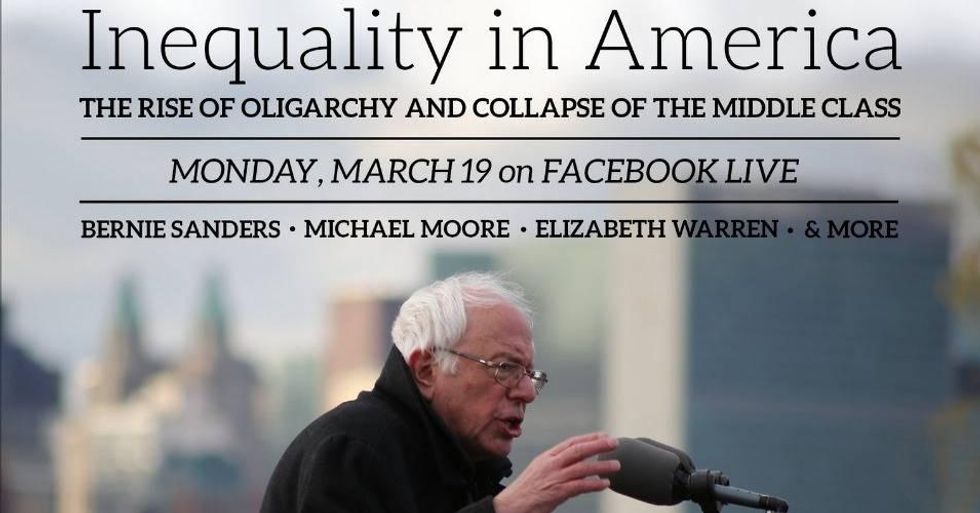 Streaming live on Facebook at 7pm EDT on Monday night, Sen. Bernie Sanders (I-Vt.) will be joined by Sen. Elizabeth Warren (D-Mass.) and Michael Moore, along with other advocates and experts, as they explore inequality, the rise of oligarchy, and the death of the middle class. (Photo: senate.sanders.gov)