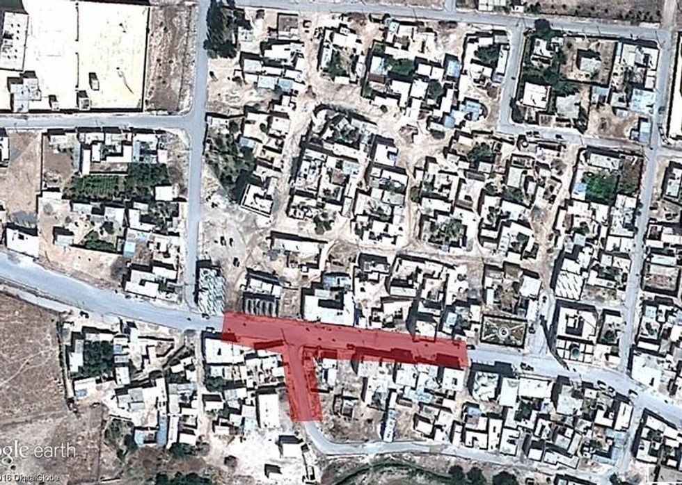 Strike location (highlighted in red) in al-Ghandoura,near Manbij, Aleppo governorate (c) DigitalGlobe/Google Earth. Graphic produced by Amnesty International