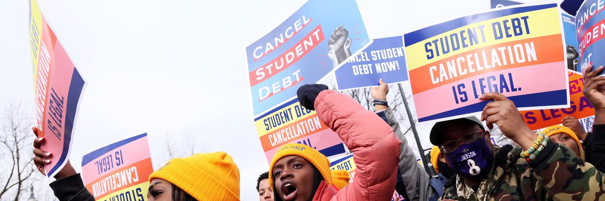 Student loan borrowers and advocates rally outside of the Supreme Court