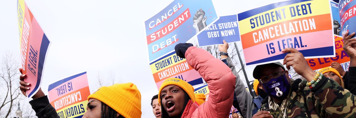 Student loan borrowers and advocates rally outside of the Supreme Court