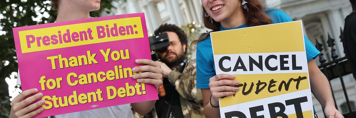 Student loan borrowers stage a rally in front of the White House to celebrate U.S. President Joe Biden canceling student debt on August 25, 2022.