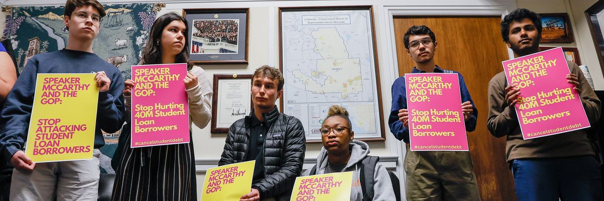 Student loan borrowers stage a sit-in on Capitol Hill at the office of U.S. Speaker of the House Kevin McCarthy