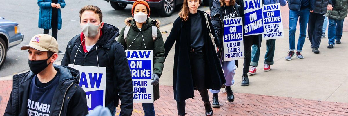 Student Workers of Columbia and their supporters block entrances to Columbia University in New York City on December 8, 2021