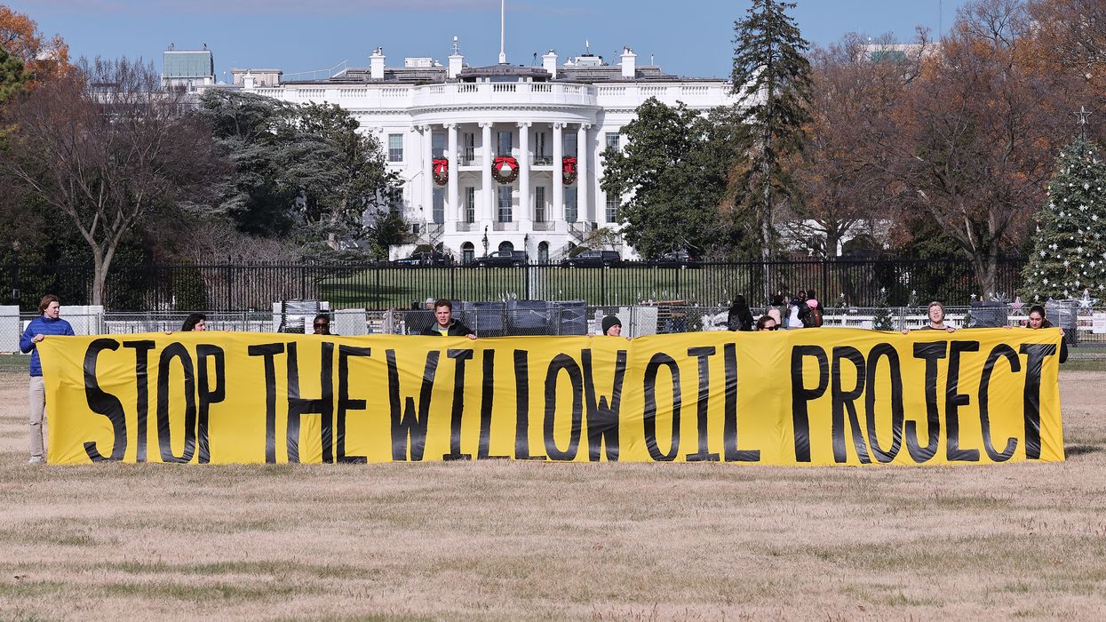 Students and community members demand U.S. President Joe Biden stop the Willow oil project on December 2, 2022 outside the White House in Washington, D.C. 