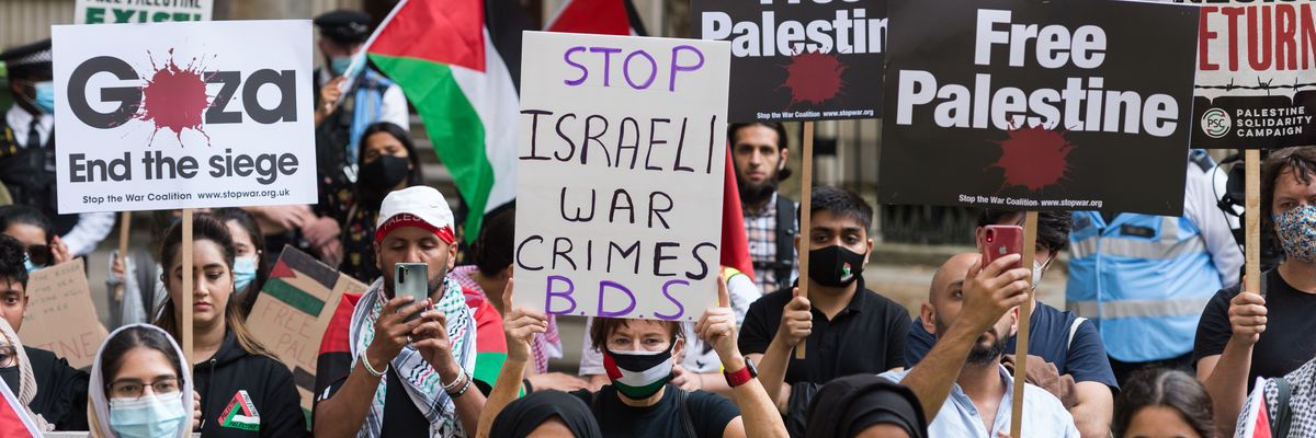 Students and pro-Palestinian supporters gather at the U.K.'s University of London on July 9, 2021.