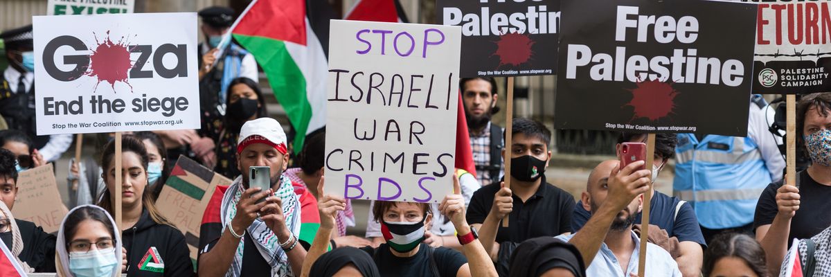  Students and pro-Palestinian supporters gather at the U.K.'s University of London on July 9, 2021.