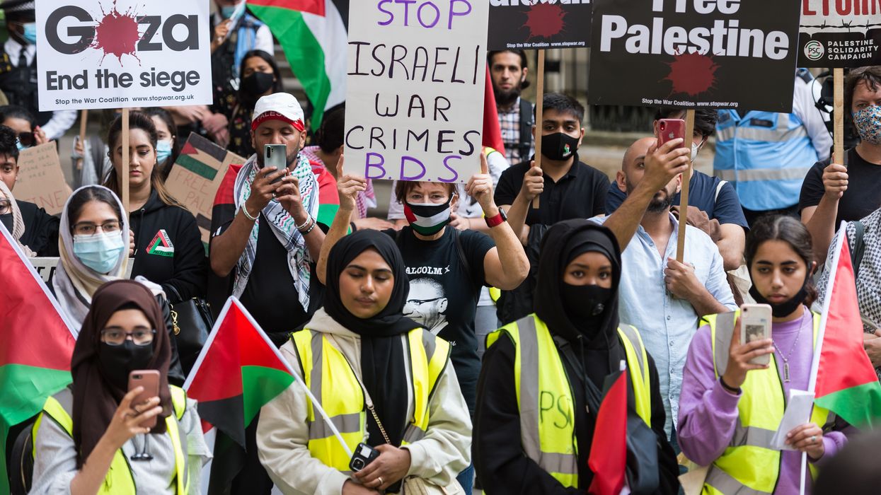 Students and pro-Palestinian supporters gather at the U.K.'s University of London on July 9, 2021.
