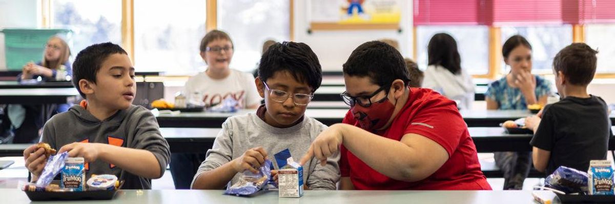 Students eat lunch at Palmer Lake Elementary School on February 28, 2022 in Monument, Colorado.