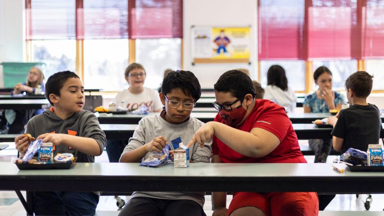 Students eat lunch at Palmer Lake Elementary School on February 28, 2022 in Monument, Colorado.