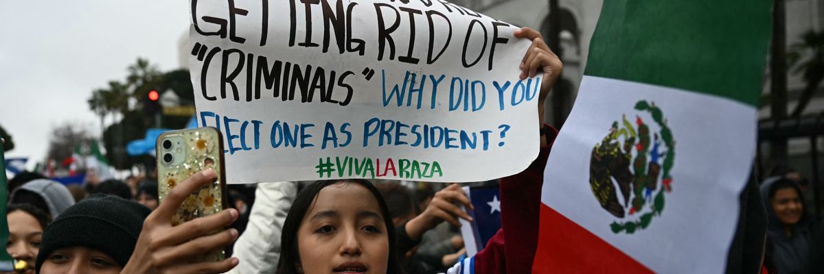 Students gather outside of Los Angeles City Hall to protest against U.S. President Donald Trump