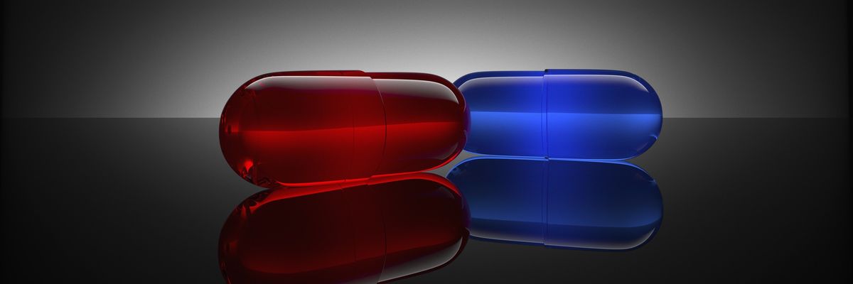 Studio shot of red and blue pills