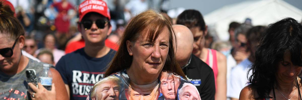 Support of Donald Trump wearing a Donald Trump t-shirt