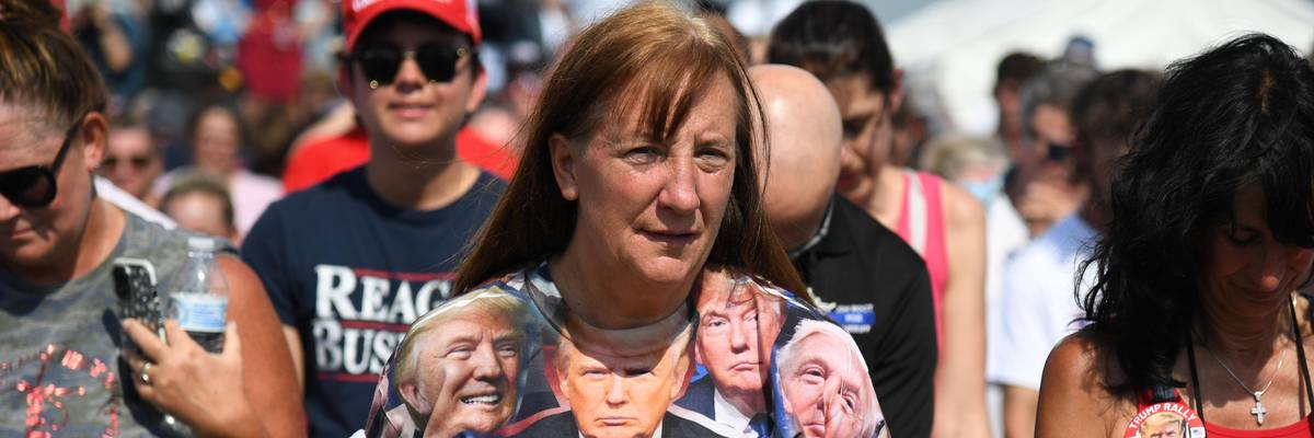 Support of Donald Trump wearing a Donald Trump t-shirt