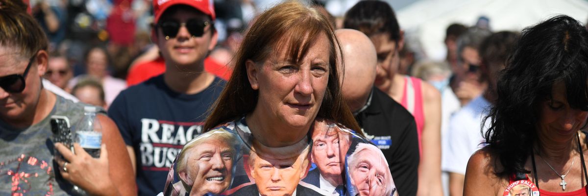 Support of Donald Trump wearing a Donald Trump t-shirt