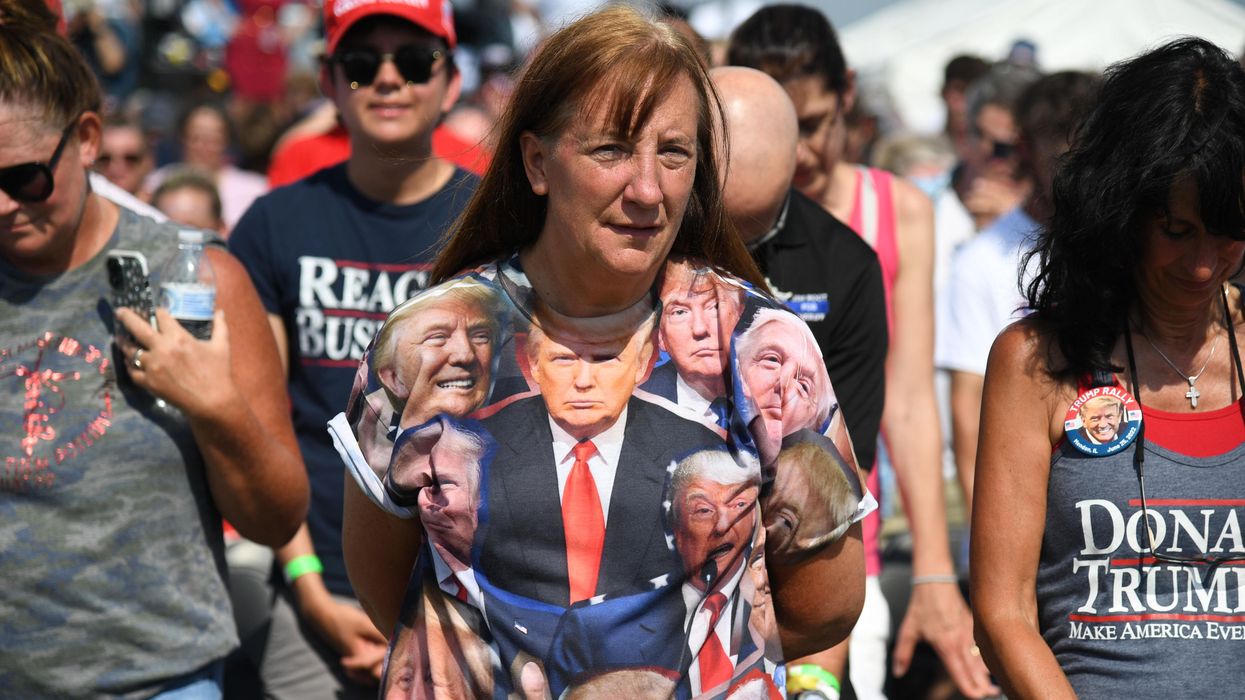 Support of Donald Trump wearing a Donald Trump t-shirt