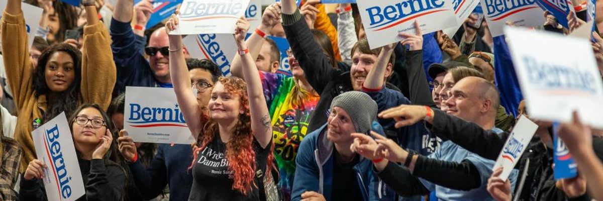 Supporters cheer for Democratic presidential hopeful Sen. Bernie Sanders (I-Vt.) at a campaign rally in Minneapolis, Minnesota on November 3, 2019