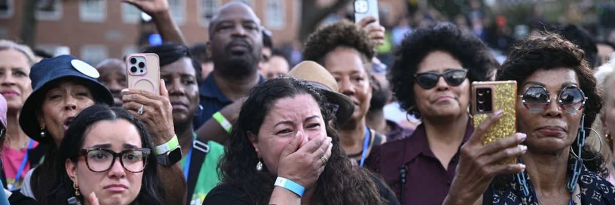 Supporters of Harris listen to speech after Trump's win.