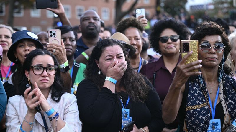 Supporters of Harris listen to speech after Trump's win.