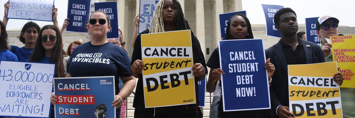 Supporters of student debt cancellation demonstrate outside the U.S. Supreme Court