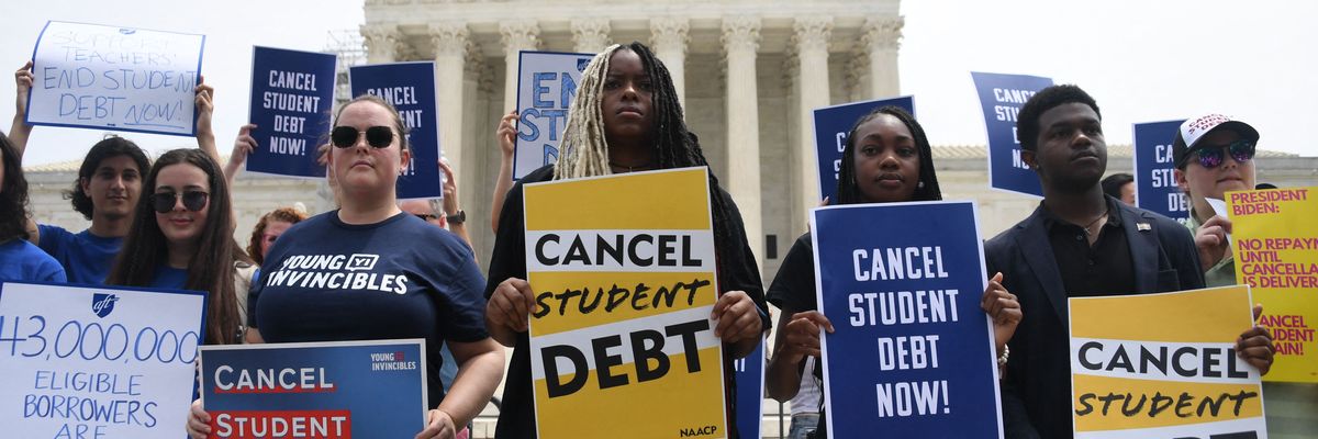 Supporters of student debt cancellation demonstrate outside the U.S. Supreme Court