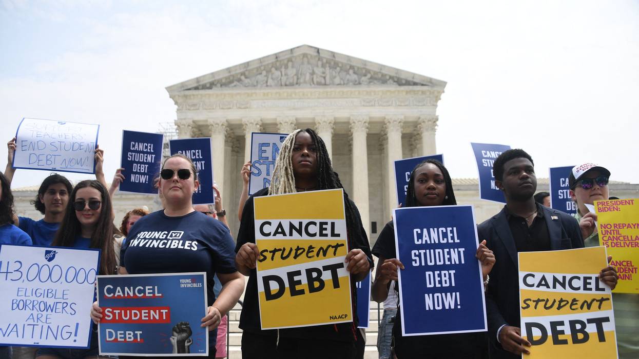 Supporters of student debt cancellation demonstrate outside the U.S. Supreme Court