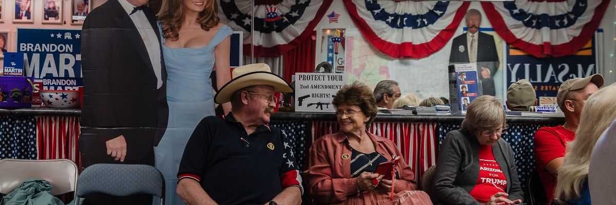 Supporters of then-U.S. President Donald Trump await results at the Cochise County Republican Headquarters in Sierra Vista, Arizona on November 3, 2020