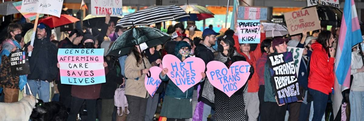 Supporters of trangender youth rally outside Children's Hospital Los Angeles