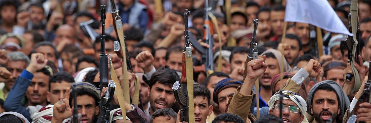 Supporters of Yemen's Houthi rebels take part in a rally marking the eighth anniversary of the Saudi-led intervention in their country, in Sanaa on March 26, 2023.