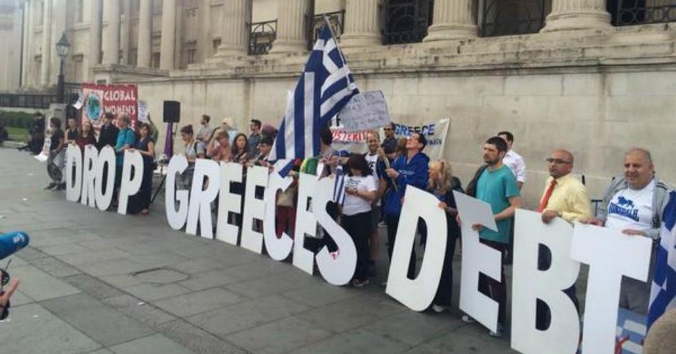 Supporters rallied in London's Trafalgar Square on Tuesday evening, calling on European lenders to cancel Greek's debt. (Photo: Global Justice Now)