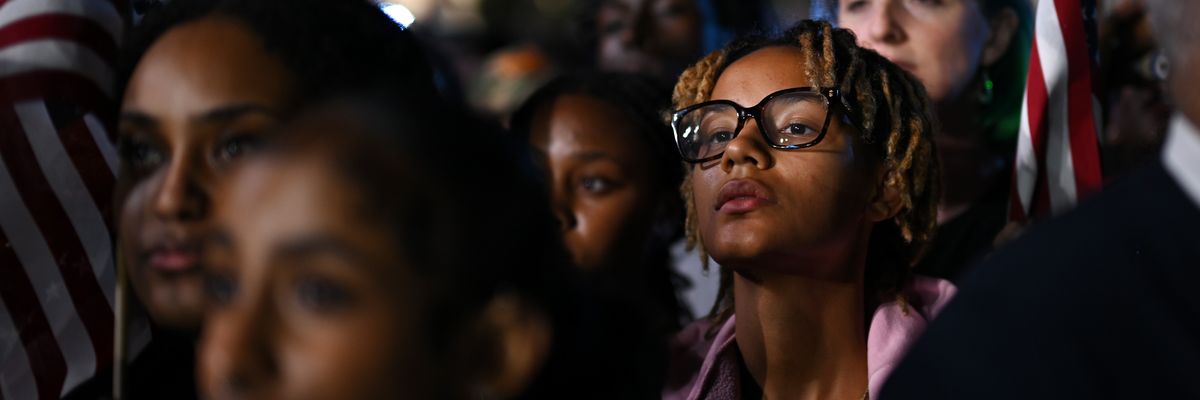 Supporters watch results come in during an election night watch party for Democratic presidential nominee, U.S. Vice President Kamala Harris
