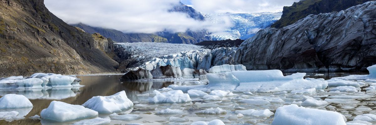 Svínafellsjökull Glacier, noting its inexorable retreat due to global warming, Iceland, Europe