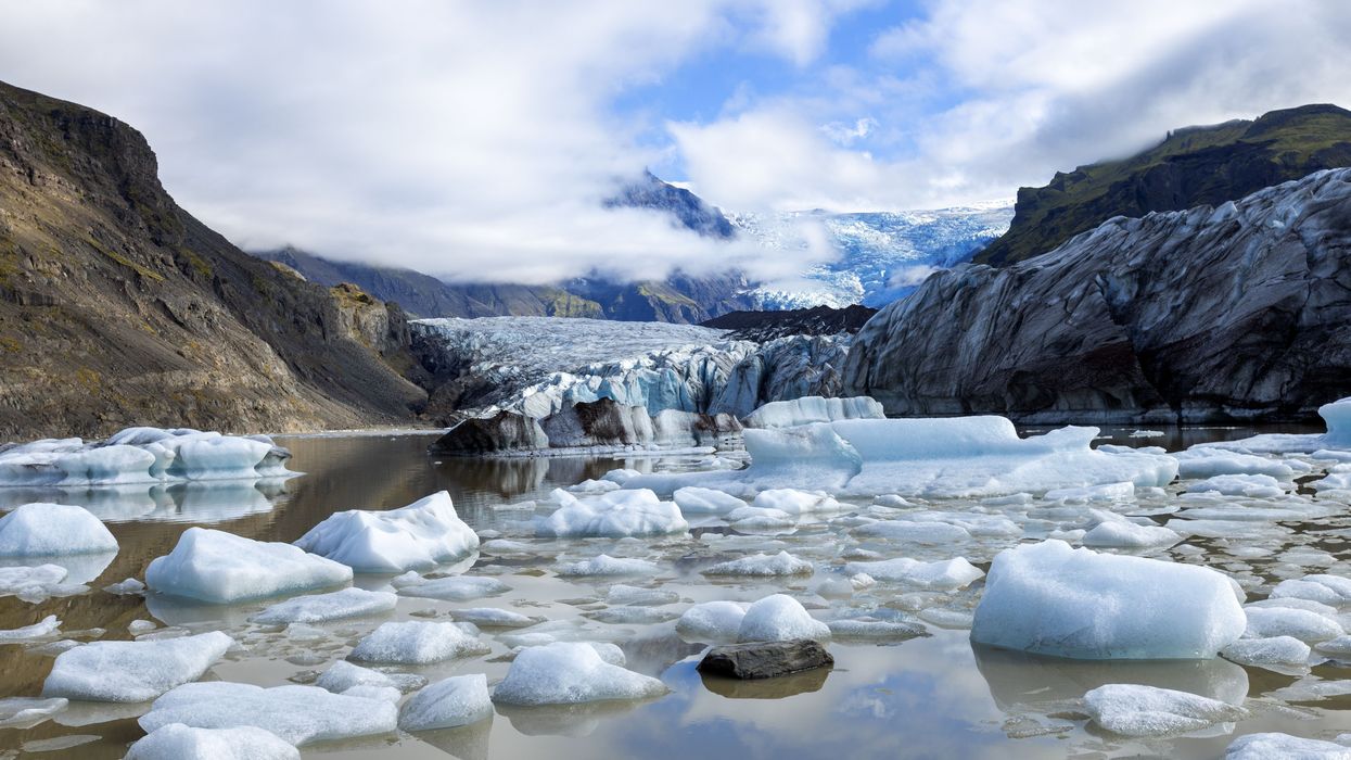 Svínafellsjökull Glacier, noting its inexorable retreat due to global warming, Iceland, Europe