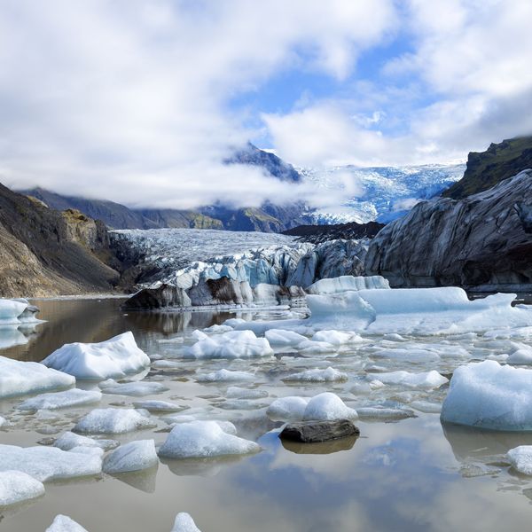 Svínafellsjökull Glacier, noting its inexorable retreat due to global warming, Iceland, Europe