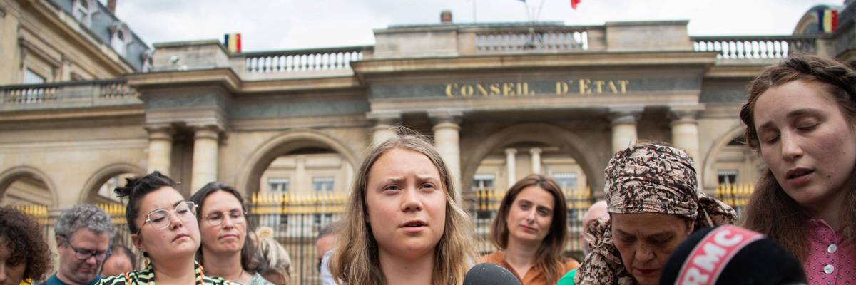 Swedish climate activist Greta Thunberg speaks with journalists in Paris on June 21, 2023.
