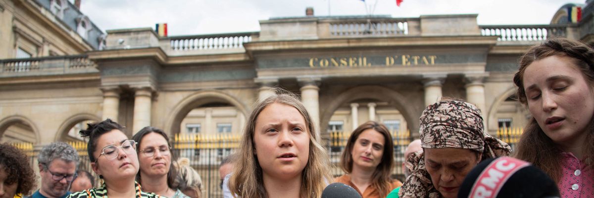 Swedish climate activist Greta Thunberg speaks with journalists in Paris on June 21, 2023.