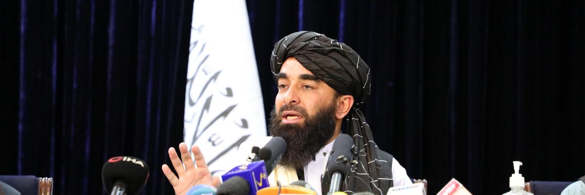 Taliban spokesperson speaks during a press conference