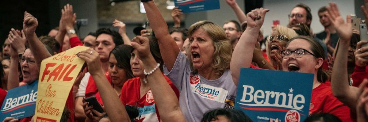 Teachers cheering for Bernie Sanders