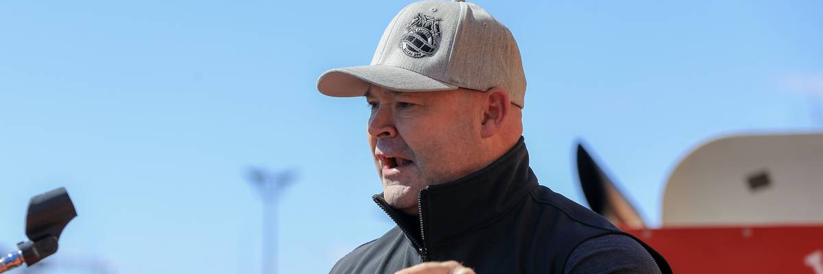 Teamsters president Sean O'Brien speaks at a rally with UPS workers