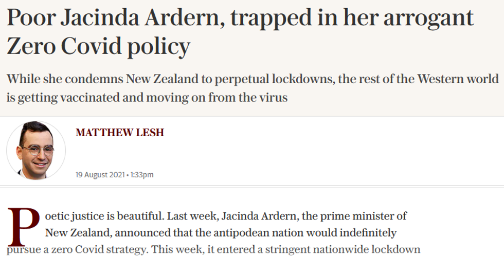 Telegraph: Poor Jacinda Ardern, Trapped in Her Arrogant Zero Covid Policy
