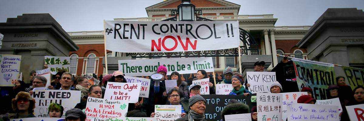 Tenants' rights groups rally outside the Massachusetts State House